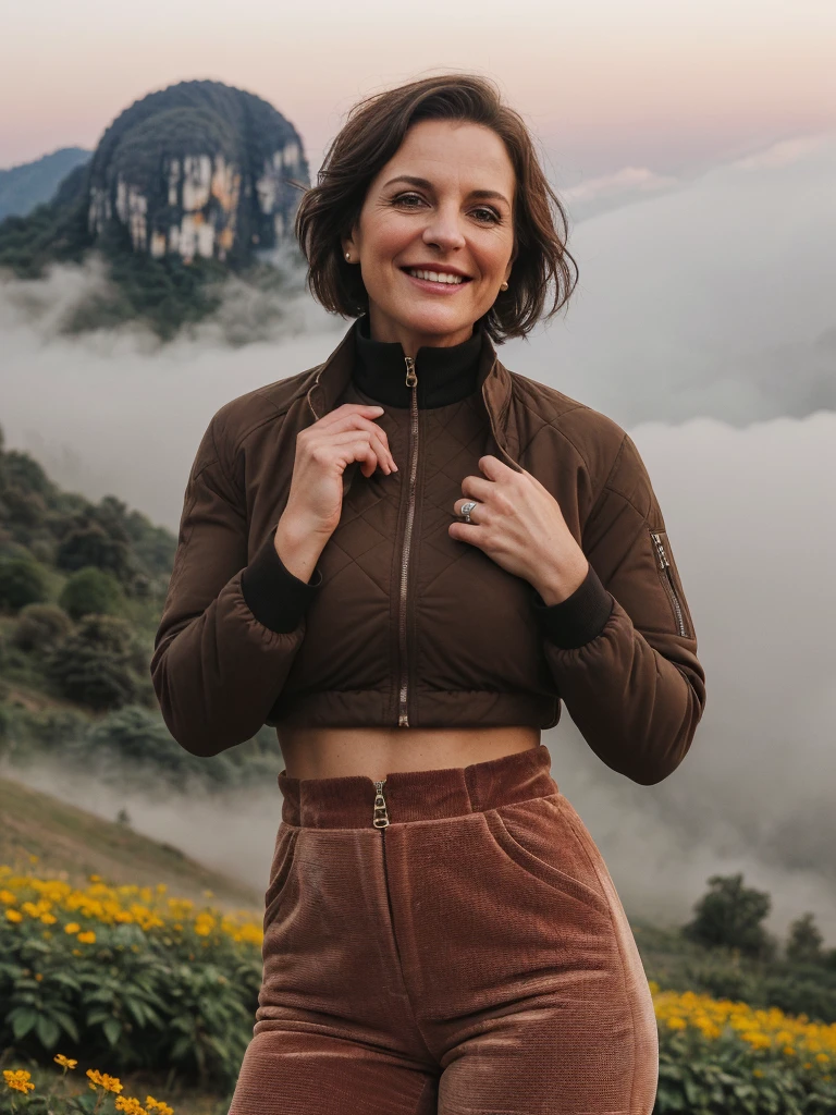 1 girl, photorealistic, realistic, her name is Elise, middle age, a 45-year-old woman with gray hair, body of 45-year-old woman, wrinkles on her face and body, Alpine woman, ((dark brown hair, short hair))), smiling,(((dynamic pose))), nudity, (((The quiet mountains are shrouded in a sea of mist.,Stunning sunrise casting warm hues,Beautiful flowers bloomed in front of us.,The atmosphere is dreamy and peaceful.,Beautiful landscape of Thailand,Harmony between nature and humanity))), (((she choose a cropped corduroy jacket is tailored with a slightly boxy silhouette, featuring a plush texture and a rich color like brown. Its cropped length accentuates the waistline and adds structure to the ensemble. There is no top beneath the jacket, she paired it with color black high-waisted cycling shorts in a sleek, stretchy fabric that conforms to her figure))), (((but out)))
