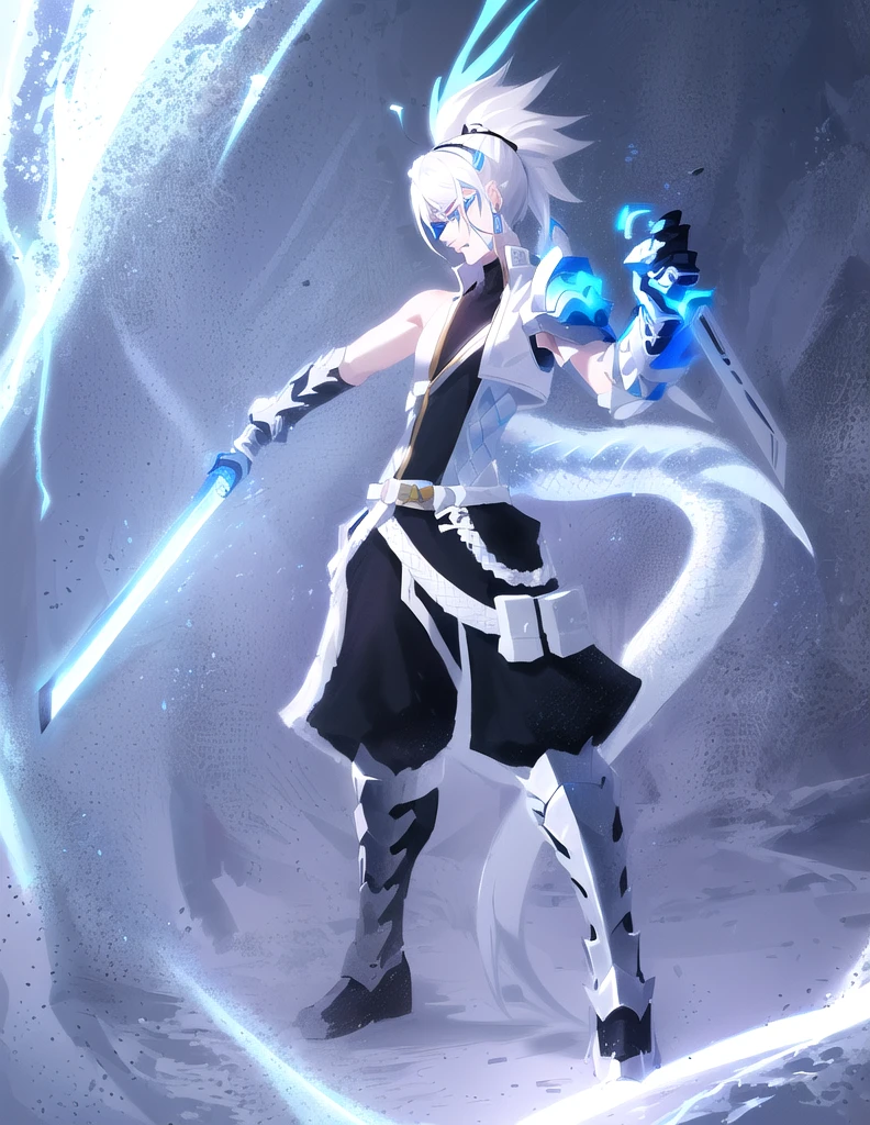 androgynous young human man, katana in right hand, wakizashi in left hand, ninja, long ponytail, dramatic wielding sword pose, anime shading, white hair, glowing blue eyes, pale skin, black ninja trousers,black vest with dragon scales on sides, blue short jacket, metallic accents, dragon-scale grieves, dragon-scale right vambrace, clawed gauntlet on left hand, dragon-scale left shoulder pad