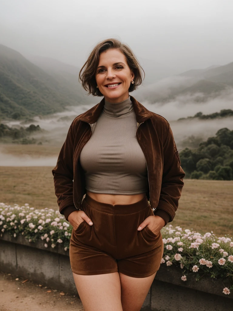 1 girl, photorealistic, realistic, her name is Elise, middle age, a 45-year-old woman with gray hair, body of 45-year-old woman, wrinkles on her face and body, Alpine woman, ((dark brown hair, short hair))), smiling,(((dynamic pose))), nudity, (((The quiet mountains are shrouded in a sea of mist.,Stunning sunrise casting warm hues,Beautiful flowers bloomed in front of us.,The atmosphere is dreamy and peaceful.,Beautiful landscape of Thailand,Harmony between nature and humanity))), (((she choose a cropped corduroy jacket is tailored with a slightly boxy silhouette, featuring a plush texture and a rich color like brown. Its cropped length accentuates the waistline and adds structure to the ensemble. There is no top beneath the jacket, she paired it with color black high-waisted cycling shorts in a sleek, stretchy fabric that conforms to her figure))), (((but out)))