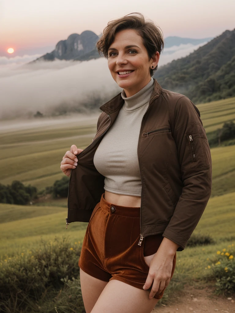 1 girl, photorealistic, realistic, her name is Elise, middle age, a 45-year-old woman with gray hair, body of 45-year-old woman, wrinkles on her face and body, Alpine woman, ((dark brown hair, short hair))), smiling,(((dynamic pose))), nudity, (((The quiet mountains are shrouded in a sea of mist.,Stunning sunrise casting warm hues,Beautiful flowers bloomed in front of us.,The atmosphere is dreamy and peaceful.,Beautiful landscape of Thailand,Harmony between nature and humanity))), (((she choose a cropped corduroy jacket is tailored with a slightly boxy silhouette, featuring a plush texture and a rich color like brown. Its cropped length accentuates the waistline and adds structure to the ensemble. There is no top beneath the jacket, she paired it with color black high-waisted cycling shorts in a sleek, stretchy fabric that conforms to her figure))), (((but out)))