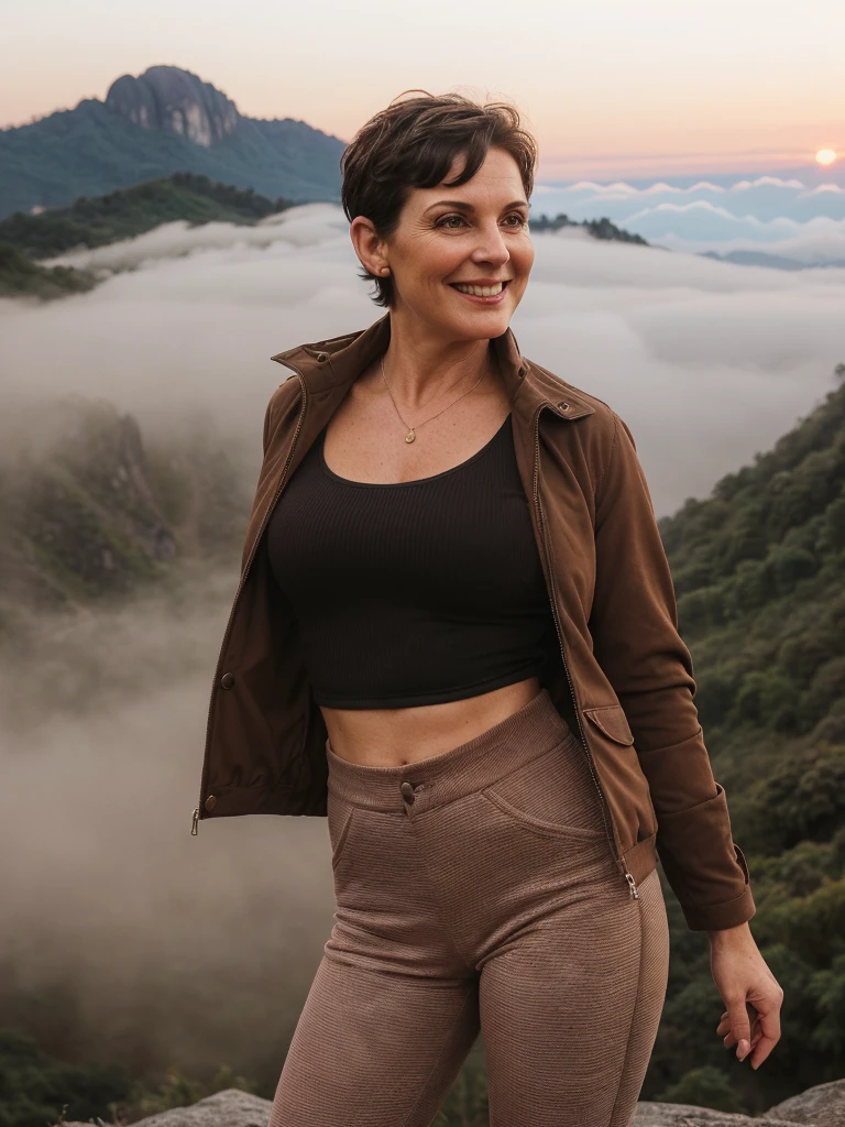 1 girl, photorealistic, realistic, her name is Elise, middle age, a 45-year-old woman with gray hair, body of 45-year-old woman, wrinkles on her face and body, Alpine woman, ((dark brown hair, short hair))), smiling,(((dynamic pose))), nudity, (((The quiet mountains are shrouded in a sea of mist.,Stunning sunrise casting warm hues,Beautiful flowers bloomed in front of us.,The atmosphere is dreamy and peaceful.,Beautiful landscape of Thailand,Harmony between nature and humanity))), (((she choose a cropped corduroy jacket is tailored with a slightly boxy silhouette, featuring a plush texture and a rich color like brown. Its cropped length accentuates the waistline and adds structure to the ensemble. There is no top beneath the jacket, she paired it with color black high-waisted cycling shorts in a sleek, stretchy fabric that conforms to her figure))), (((but out)))