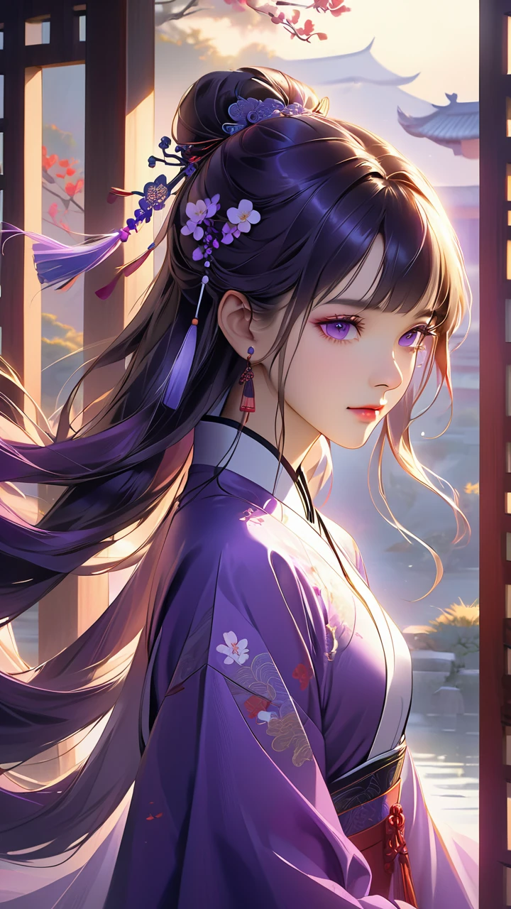 detailed portrait of a beautiful young woman, solo, traditional chinese style, cinematic lighting, vibrant purple colors, elegant and refined, intricate details, delicate facial features, piercing gaze, long flowing hair, traditional chinese dress, serene and contemplative expression, natural setting, soft lighting, high quality, photorealistic