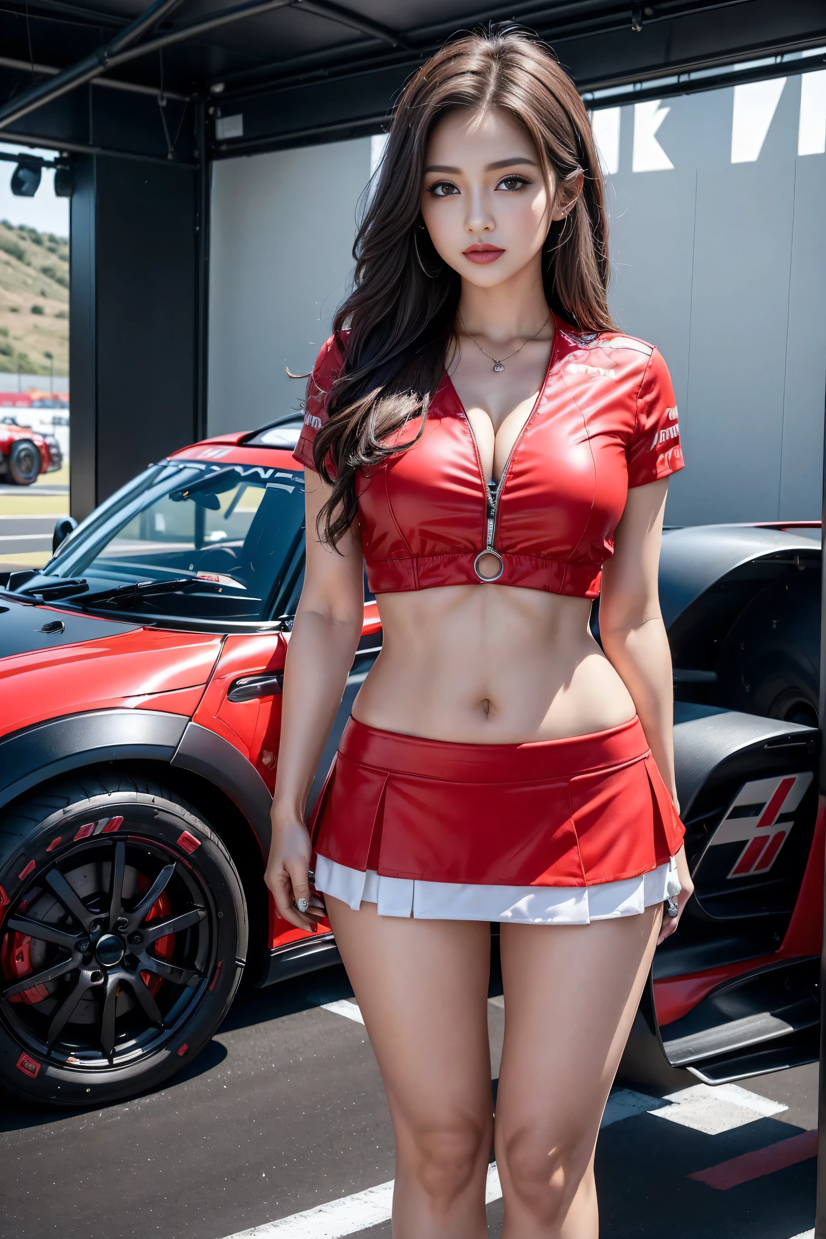 (masterpiece), ( MotoGP Racing Girls), (Eyeliner:0.5),(blush:0.5), Black Hair, A faint smile, Refers to a beautiful and delicate girl, Extremely detailed eyes and face, Beautiful and delicate eyes, , ((MOTOGP events)), (MotoGP track background), (best quality, high resolution, Reality, The original, 8K,masterpiece, ),(((Dynamic poses))),(((Midsection perspective))),(((Showing the underside of the chest ))),(((Red Mini Skirt Lift))),(((Bare inner thighs))),(((Formula One cars on display))), (Vibrant colors:1.2), (Beautifully),