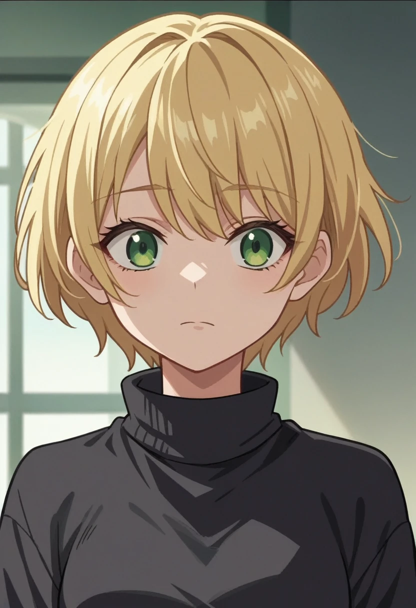 score_9, score_8_up, score_7_up, source_anime, anime_screencap, 1girl, black sweater, green eyes, blonde hair, short hair, bangs, 