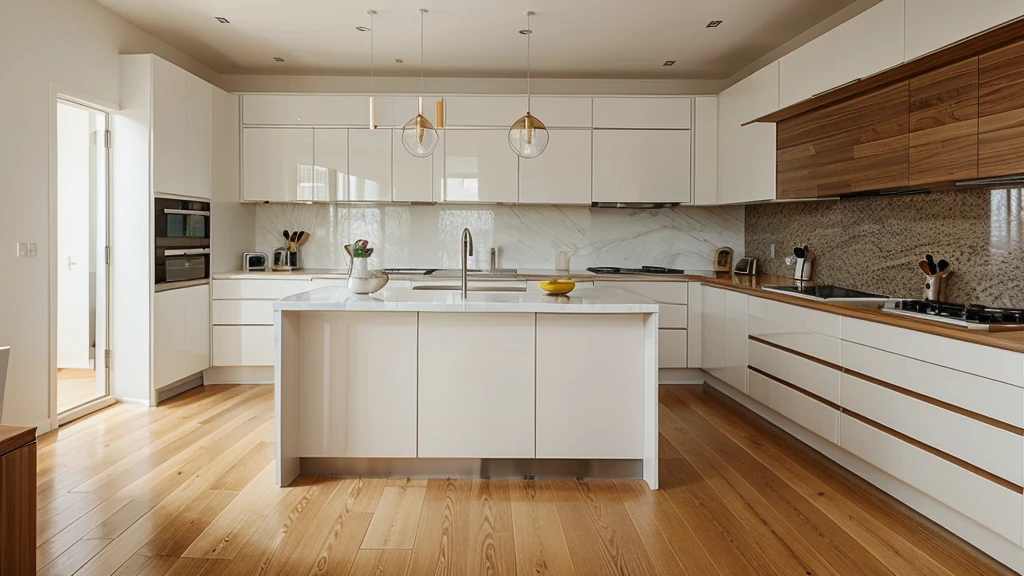 Kitchen interior in beautiful new luxury home, bright modern minimal style. Kitchen interior in beautiful new luxury home with kitchen island and wooden floor, bright modern minimal style, with copy space