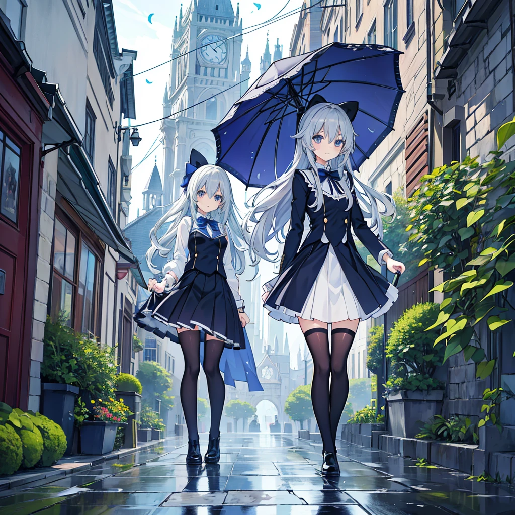kawaii, anime, Cute, hyper quality, highly detailed, 16k, Front facing, Clarity, full body, smile, one girl, university student, long silver hair, lapis lazuli eyes, bell accessories, butler uniform, black butler uniform, walk through medieval streets, fantasy world, It's raining lightly, have an umbrella, high cut boots, noble, clock tower, puddle, A city planted with flowers, bright sky, light drifts, walking motion, lush greenery, There are few tall buildings, Inciting point of view, Out of town, dignified expression,