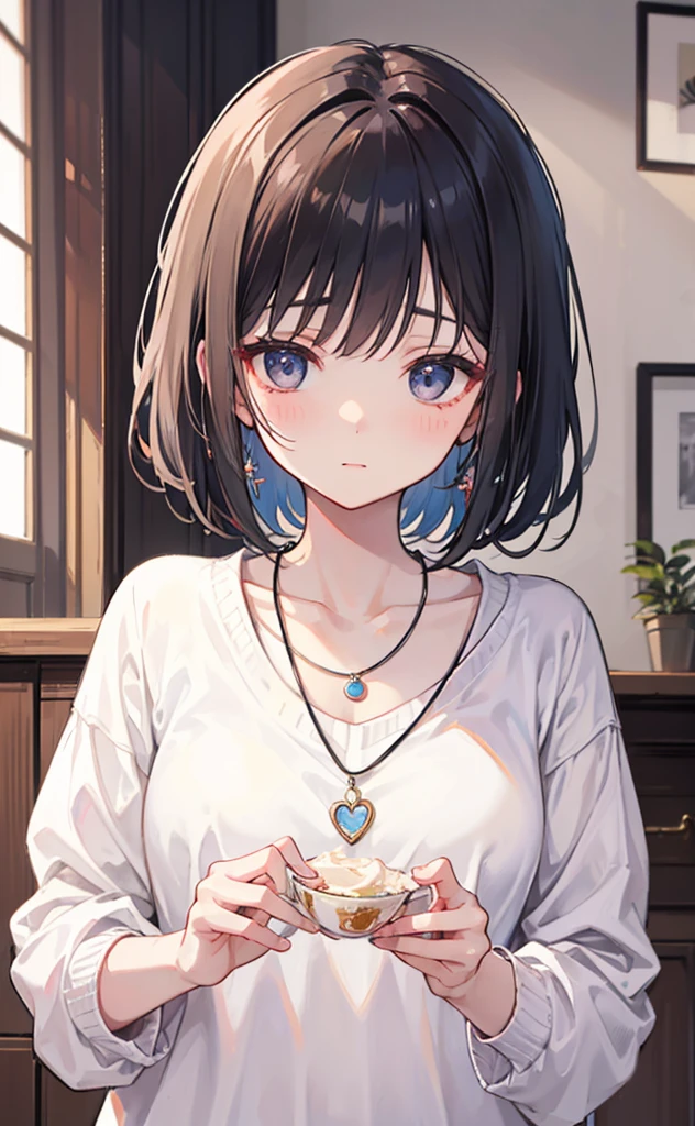 Yumi,A beautiful and sweet sister,Fragrant, soft, sticky and sweet voice,Cream white sweater,White Silk,necklace,Black Hair,pretty,White and tender