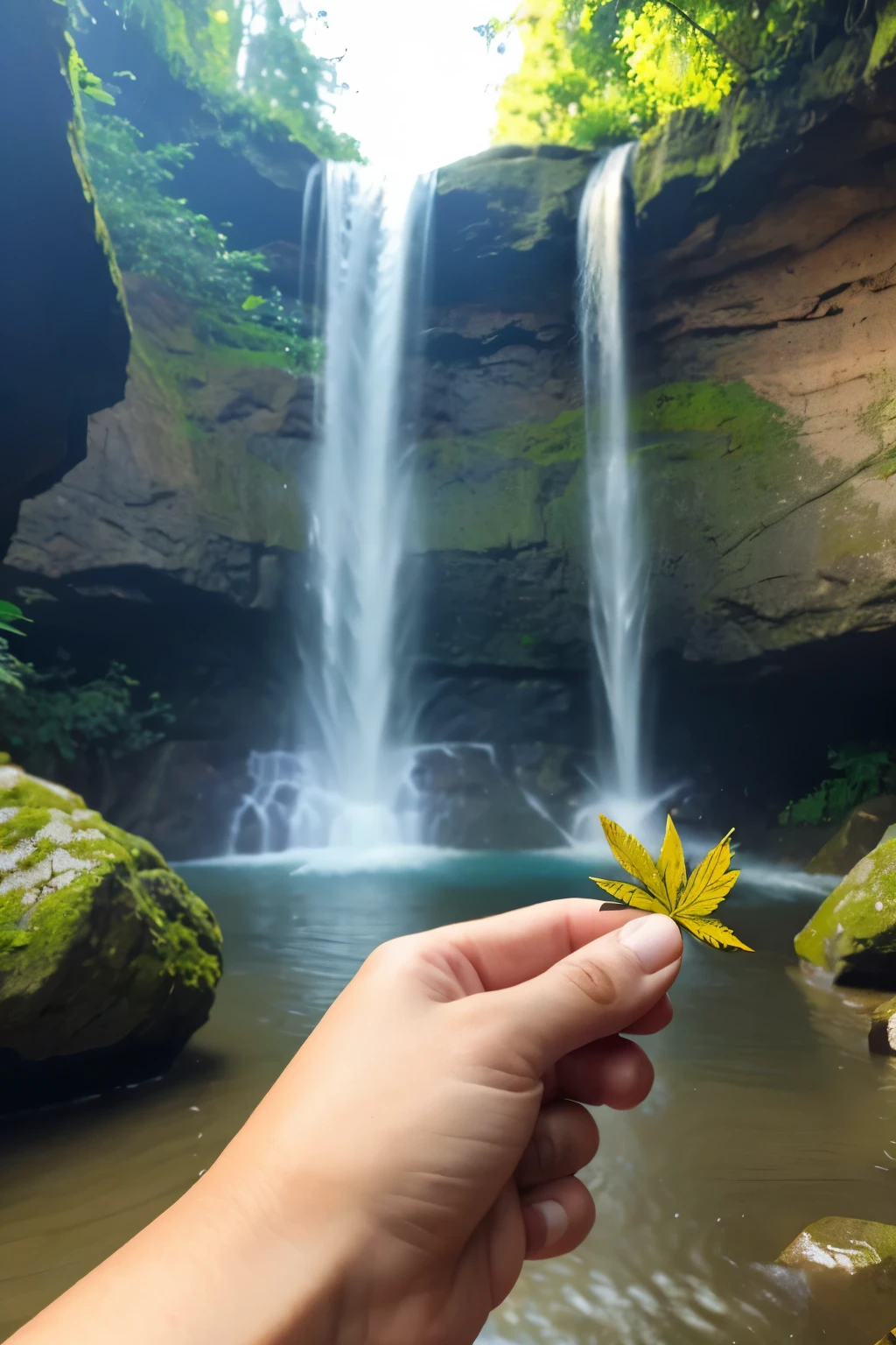 Woman’s hand holding a blunt with waterfall and beautiful view realistic detail