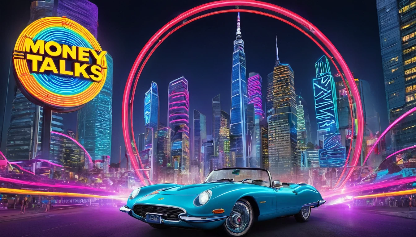 A circular logo board occupies the entire frame with the words 'Money talks, doesn't sing' ', behind the 500m logo are towering skyscrapers, the glass of sleek buildings has a built-up shape like musical instruments illuminated by vibrant neon colors. accompanied by a super convertible and a girl and her friends. The scene will be night with lots of lights and neon lights
