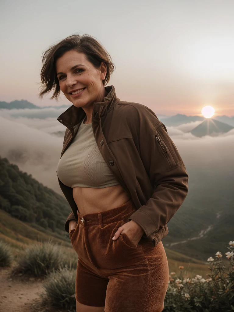 1 girl, photorealistic, realistic, her name is Elise, middle age, a 45-year-old woman with gray hair, body of 45-year-old woman, wrinkles on her face and body, Alpine woman, ((dark brown hair, short hair))), smiling,(((dynamic pose))), nudity, (((The quiet mountains are shrouded in a sea of mist.,Stunning sunrise casting warm hues,Beautiful flowers bloomed in front of us.,The atmosphere is dreamy and peaceful.,Beautiful landscape of Thailand,Harmony between nature and humanity))), (((she choose a cropped corduroy jacket is tailored with a slightly boxy silhouette, featuring a plush texture and a rich color like brown. Its cropped length accentuates the waistline and adds structure to the ensemble. There is no top beneath the jacket, she paired it with color black high-waisted cycling shorts in a sleek, stretchy fabric that conforms to her figure))), (((but out)))