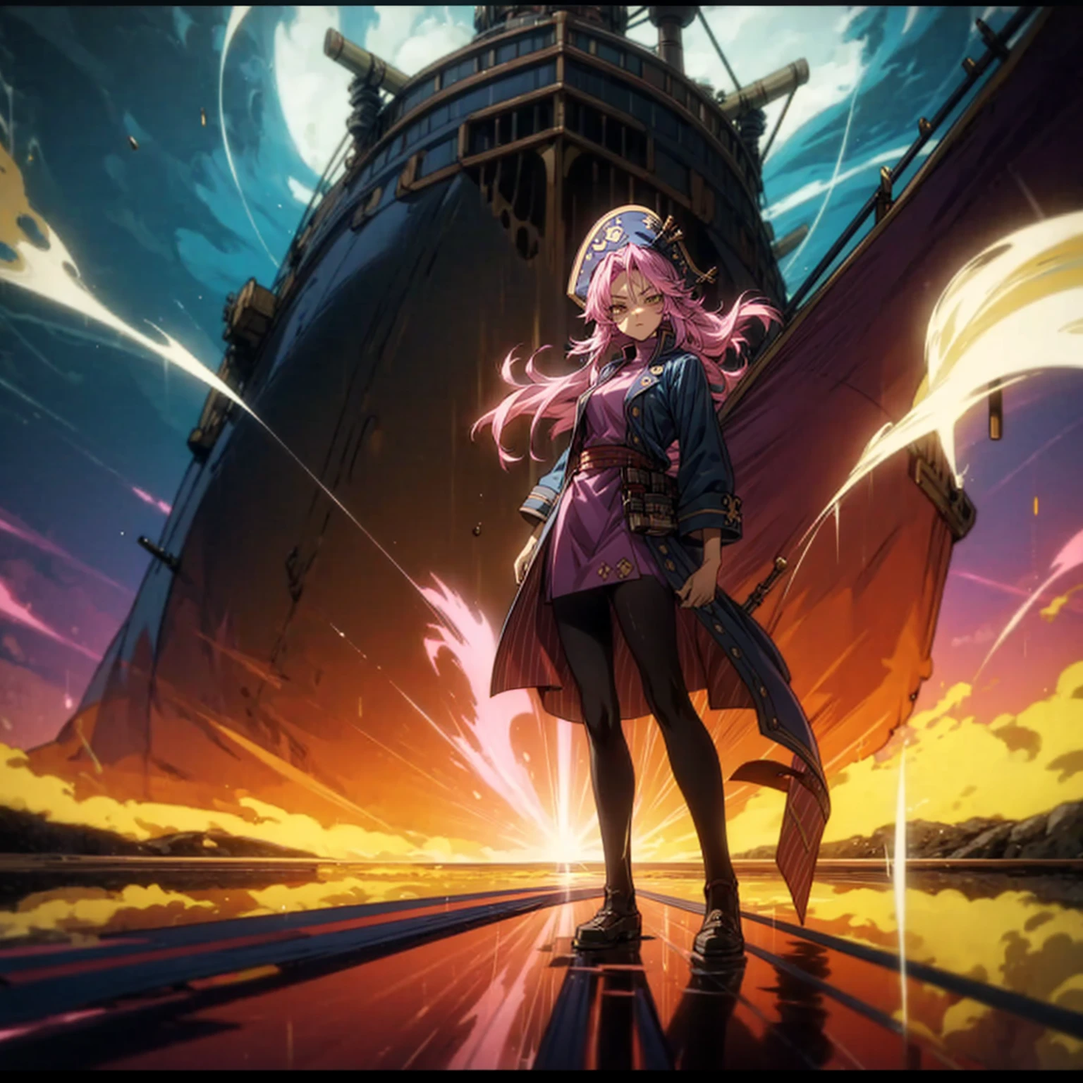 1girl, Full body version, 1character, adult girl version, gold eyes color, long haircut, pink colour hair, queen style clothing, blue colour clothing, pirate hat, sword in hand, Grassroots, background in Pirate Ship, motion blur, (Hunter x Hunter style), standing gesture, (low angle view) , aura effect, lighting aura, smoke effect, lighting sun, sun, plasma effect, 