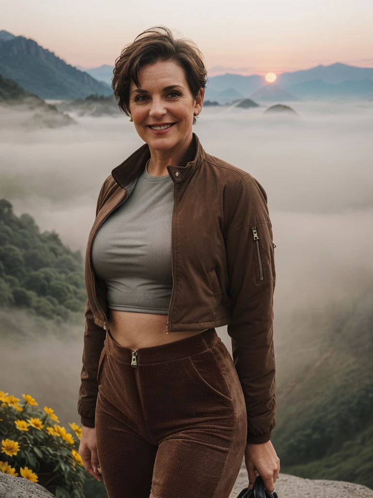 1 girl, photorealistic, realistic, her name is Elise, middle age, a 45-year-old woman with gray hair, body of 45-year-old woman, wrinkles on her face and body, Alpine woman, ((dark brown hair, short hair))), smiling,(((dynamic pose))), nudity, (((The quiet mountains are shrouded in a sea of mist.,Stunning sunrise casting warm hues,Beautiful flowers bloomed in front of us.,The atmosphere is dreamy and peaceful.,Beautiful landscape of Thailand,Harmony between nature and humanity))), (((she choose a cropped corduroy jacket is tailored with a slightly boxy silhouette, featuring a plush texture and a rich color like brown. Its cropped length accentuates the waistline and adds structure to the ensemble. There is no top beneath the jacket, she paired it with color black high-waisted cycling shorts in a sleek, stretchy fabric that conforms to her figure))), (((but out)))