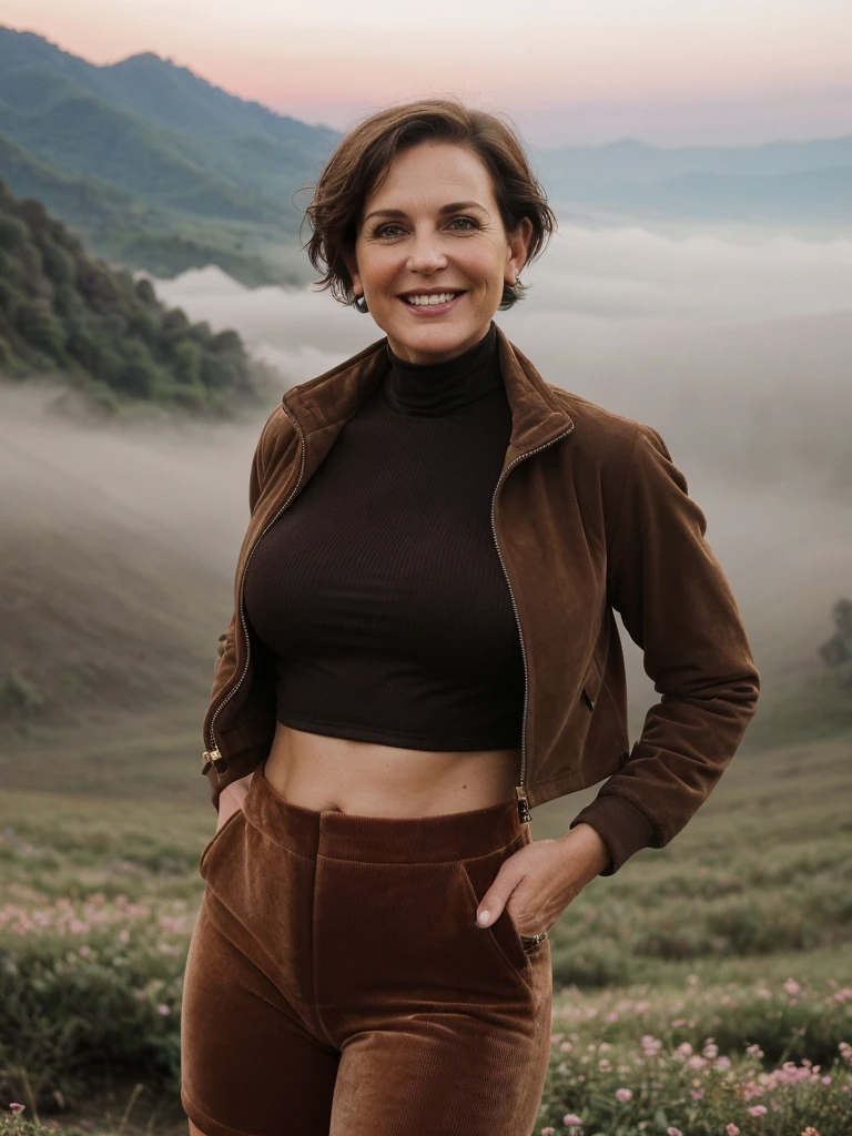 1 girl, photorealistic, realistic, her name is Elise, middle age, a 45-year-old woman with gray hair, body of 45-year-old woman, wrinkles on her face and body, Alpine woman, ((dark brown hair, short hair))), smiling,(((dynamic pose))), nudity, (((The quiet mountains are shrouded in a sea of mist.,Stunning sunrise casting warm hues,Beautiful flowers bloomed in front of us.,The atmosphere is dreamy and peaceful.,Beautiful landscape of Thailand,Harmony between nature and humanity))), (((she choose a cropped corduroy jacket is tailored with a slightly boxy silhouette, featuring a plush texture and a rich color like brown. Its cropped length accentuates the waistline and adds structure to the ensemble. There is no top beneath the jacket, she paired it with color black high-waisted cycling shorts in a sleek, stretchy fabric that conforms to her figure))), (((but out)))