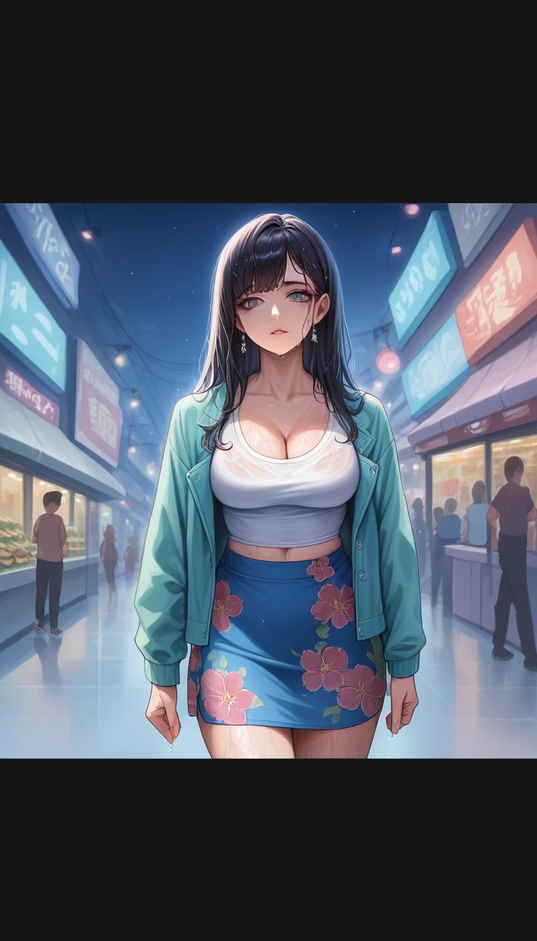 (8k, best quality, masterpiece:1,2), (realistic, photo-realistic:1,37), top quality, masterpiece, a beautiful woman, wearing a shirt for women crop v neck top white t-shirt korean fashion women t with a tight open gray color jacket, beautiful and toned body, cleavage, floral mini skirt, walking in the suburbs, slightly drizzling night background, in shops with Korean-style shop lights, night atmosphere, slightly wet asphalt, seductive smiles with dimples,