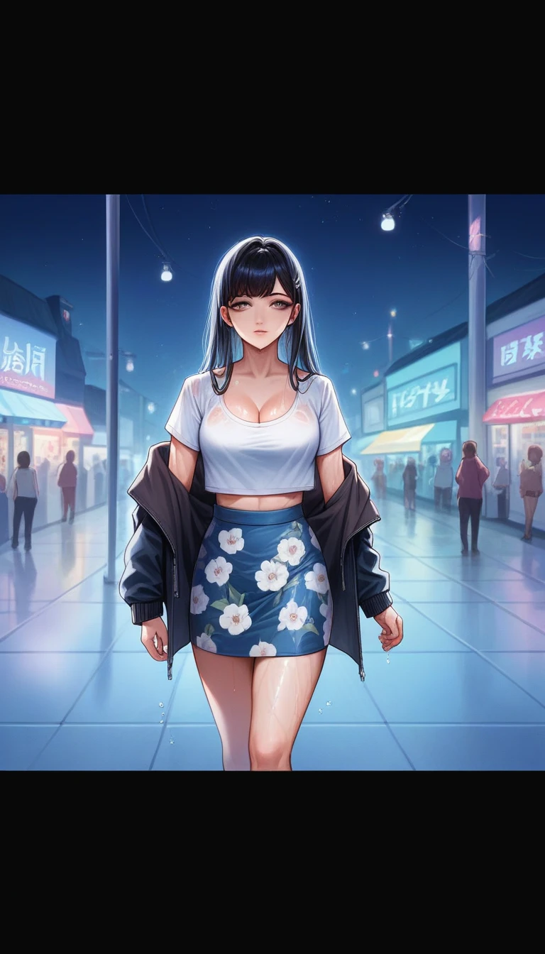 (8k, best quality, masterpiece:1,2), (realistic, photo-realistic:1,37), top quality, masterpiece, a beautiful woman, wearing a shirt for women crop v neck top white t-shirt korean fashion women t with a tight open gray color jacket, beautiful and toned body, cleavage, floral mini skirt, walking in the suburbs, slightly drizzling night background, in shops with Korean-style shop lights, night atmosphere, slightly wet asphalt, seductive smiles with dimples,