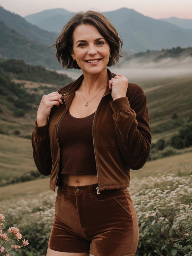 1 girl, photorealistic, realistic, her name is Elise, middle age, a 45-year-old woman with gray hair, body of 45-year-old woman, wrinkles on her face and body, Alpine woman, ((dark brown hair, short hair))), smiling,(((dynamic pose))), nudity, (((The quiet mountains are shrouded in a sea of mist.,Stunning sunrise casting warm hues,Beautiful flowers bloomed in front of us.,The atmosphere is dreamy and peaceful.,Beautiful landscape of Thailand,Harmony between nature and humanity))), (((she choose a cropped corduroy jacket is tailored with a slightly boxy silhouette, featuring a plush texture and a rich color like brown. Its cropped length accentuates the waistline and adds structure to the ensemble. There is no top beneath the jacket, she paired it with color black high-waisted cycling shorts in a sleek, stretchy fabric that conforms to her figure))), (((but out)))