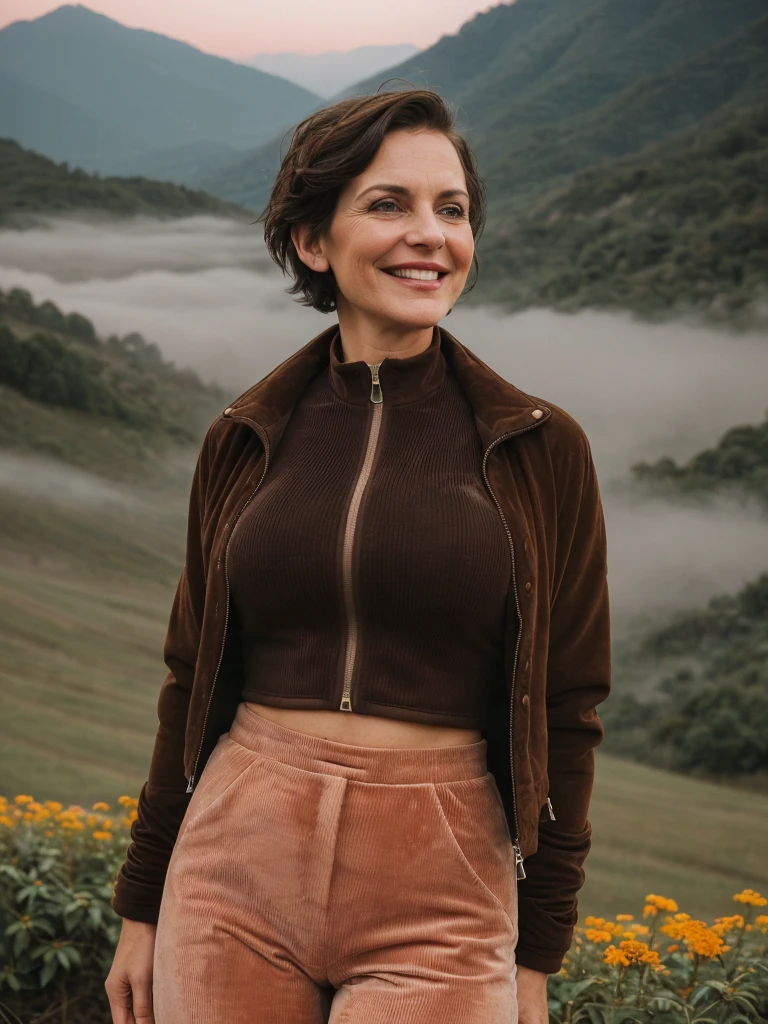 1 girl, photorealistic, realistic, her name is Elise, middle age, a 45-year-old woman with gray hair, body of 45-year-old woman, wrinkles on her face and body, Alpine woman, ((dark brown hair, short hair))), smiling,(((dynamic pose))), nudity, (((The quiet mountains are shrouded in a sea of mist.,Stunning sunrise casting warm hues,Beautiful flowers bloomed in front of us.,The atmosphere is dreamy and peaceful.,Beautiful landscape of Thailand,Harmony between nature and humanity))), (((she choose a cropped corduroy jacket is tailored with a slightly boxy silhouette, featuring a plush texture and a rich color like brown. Its cropped length accentuates the waistline and adds structure to the ensemble. There is no top beneath the jacket, she paired it with color black high-waisted cycling shorts in a sleek, stretchy fabric that conforms to her figure))), (((but out)))