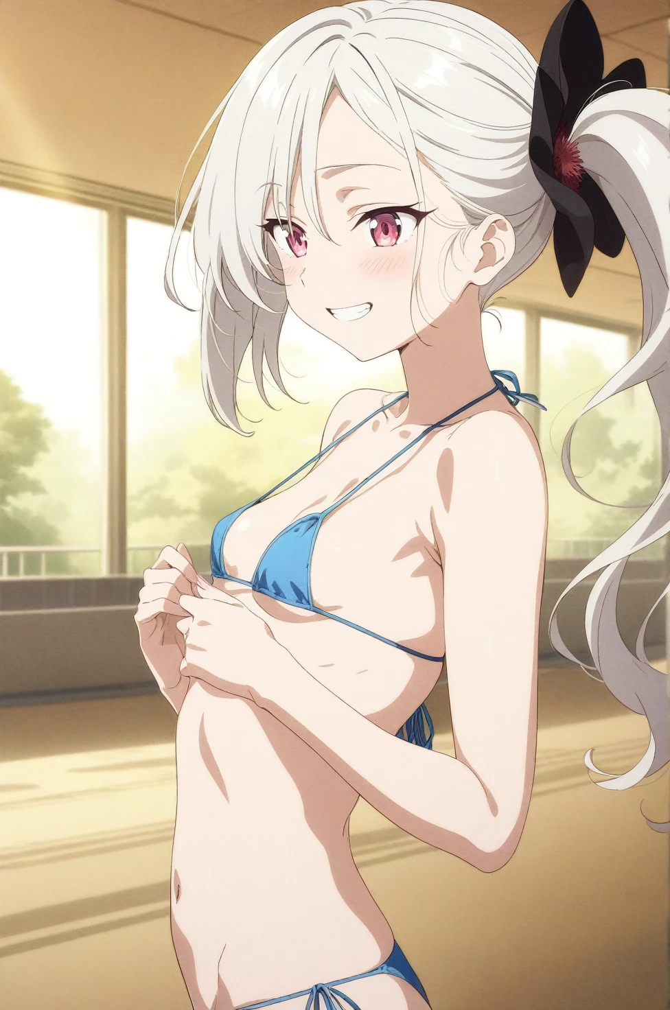 best quality, amazing quality, very aesthetic, absurdres, (1girl, mutsuki, blue archive, solo, red eyes, white hair, side ponytail), (realistic face:0.9),(string bikini:1.8),dress lift, (grin, blush, thigh:1.3), (cowboy shot), (glowing eyes), (half closed eyes:0.9), (from side:2), (official art:1.3), (pool), expressive eyes, perfect face, 4k, extremely detailed anime illustration, extremely detailed eyes, perfect anatomy, light rays, extremely delicate body, smooth skin, (school background:1.5), clear eyes, beautiful face, small breasts,(anime style:1.7), (Warm Light:1.5), (highres:2),
