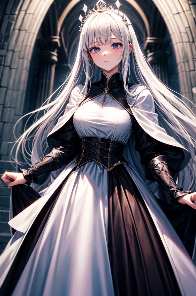 Medieval dress, Super voluminous skirt, Round Princess Skirt, High throat, Cover the body from neck to toe, Covered neck, Wearing a long black fur jacket, white, translucent, A soft dress, 