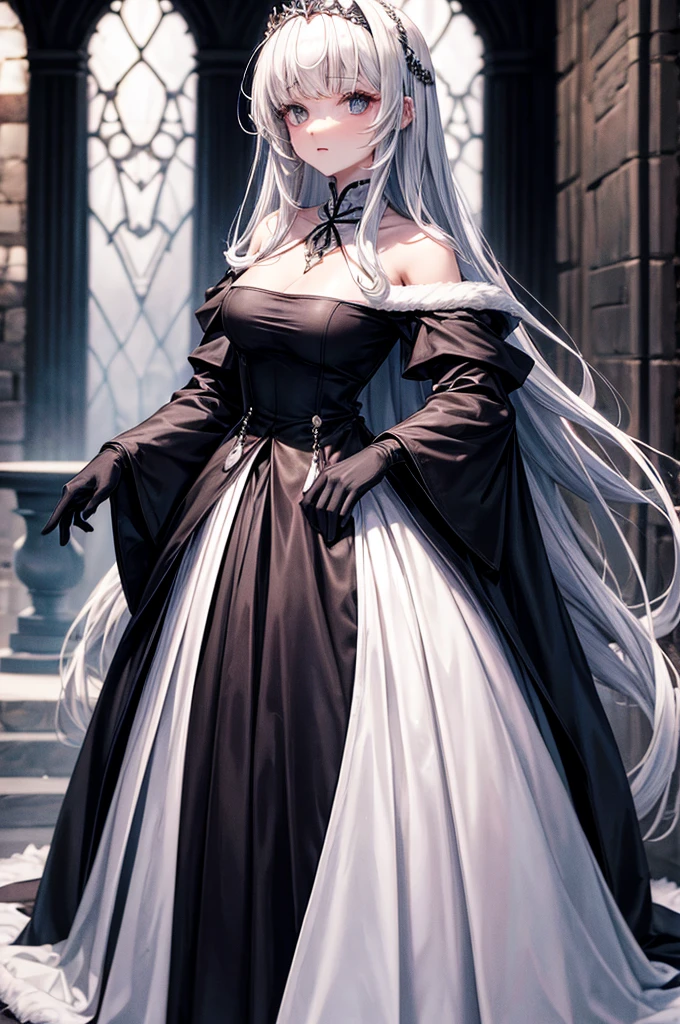 Medieval dress, Super voluminous skirt, Round Princess Skirt, High throat, Cover the body from neck to toe, Covered neck, Wearing a long black fur jacket, white, translucent, A soft dress,