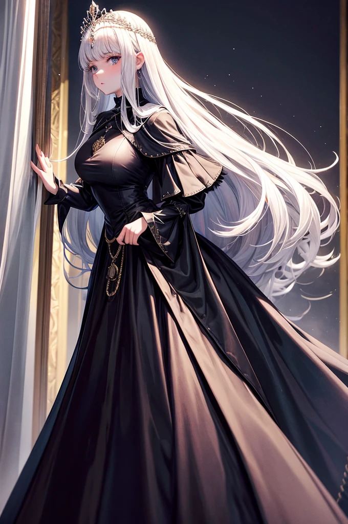 Medieval dress, Super voluminous skirt, Round Princess Skirt, High throat, Cover the body from neck to toe, Covered neck, Wearing a long black fur jacket, white, translucent, A soft dress,