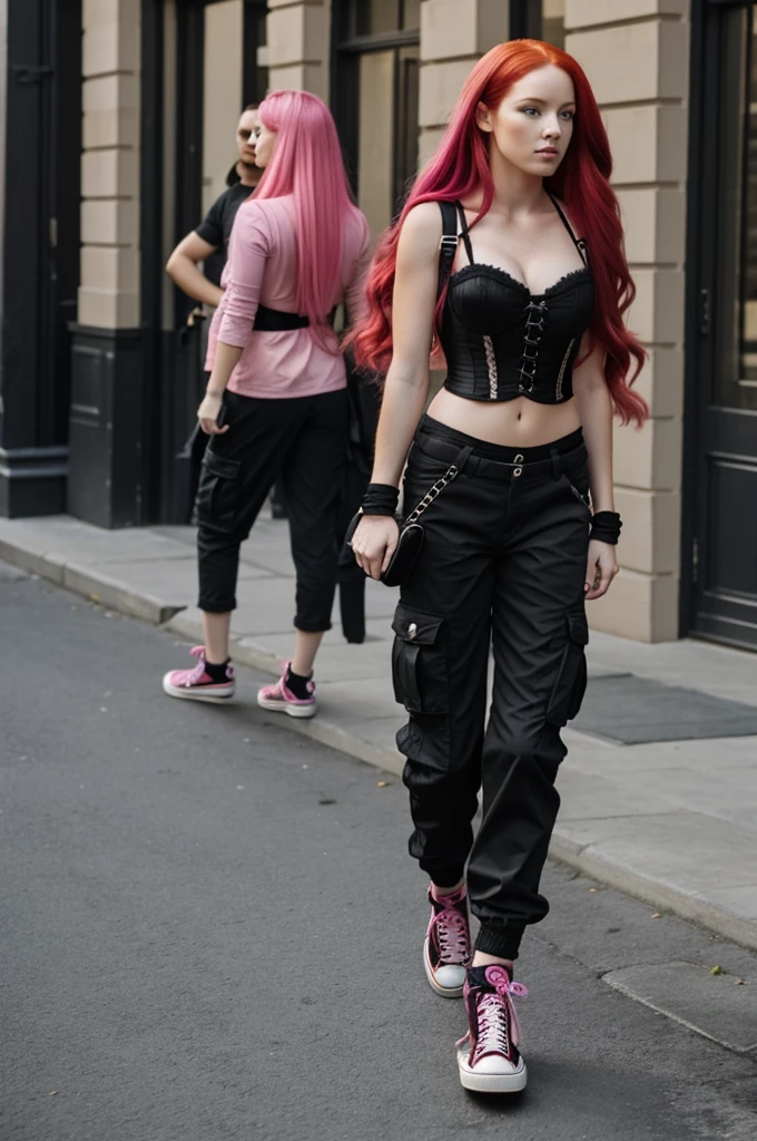 Woman with long red hair and pink locks dressed in black corset and loose black cargo pants, pink converse, short black gloves