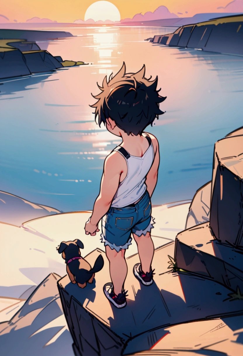 best quality, masterpiece, 8K, HD, a young man with short spiky hair, wearing plain white tank top and ripped denim booty shorts, camping backpack, standing on edge of very high cliff, puppy beside him, metropolitan city in the background, sunrise on horizon, back view, vibrant colors, full body, highly detailed