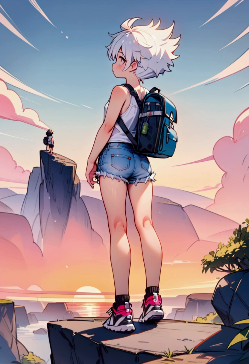 best quality, masterpiece, 8K, HD, a young man with short spiky hair, wearing plain white tank top and ripped denim booty shorts, camping backpack, standing on edge of very high cliff, puppy beside him, metropolitan city in the background, sunrise on horizon, back view, vibrant colors, full body, highly detailed
