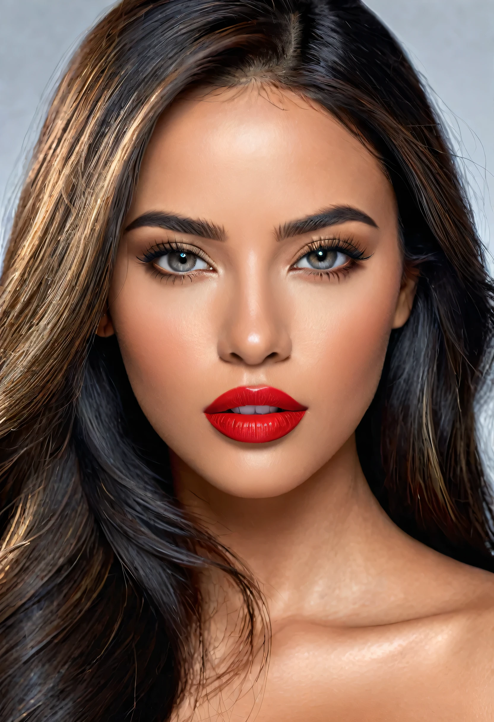 A photoreal close up of a stunning 28-year-old Latina model showcases her oval face, straight black hair, and striking grey eyes. Her beautiful lips with red lipstick accentuate her wheatish skin with light brown tone highlights. Dressed in a chic black top, the image should be full body shot, 8k hdr, high detailed, and focused on capturing her mesmerizing beauty, day lighting.