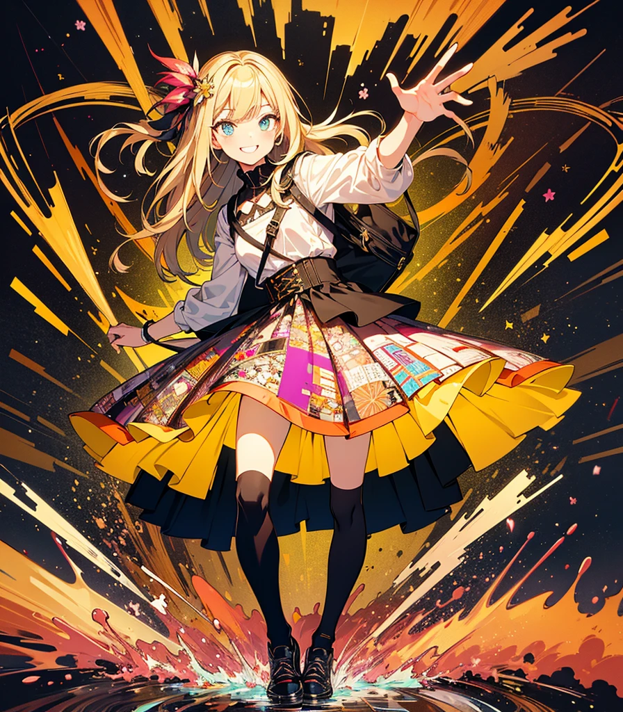 masterpiece, super high quality, ( Highly detailed original illustration),(  Expression of joy, Perfect Eyes, Long Hair, smile,whole body, Perfect body),Dancing, ((Streetwear,Parker Fashion)), ((Hana Sakura)(graffiti)), Double exposure, A fluid fusion of abstract art, Glitch, ( 2D), ( Original illustration composition), ( Limited edition color fusion, Maximalism art style, Geometric art style, fire, Junk Art), Yellow theme, Background Black