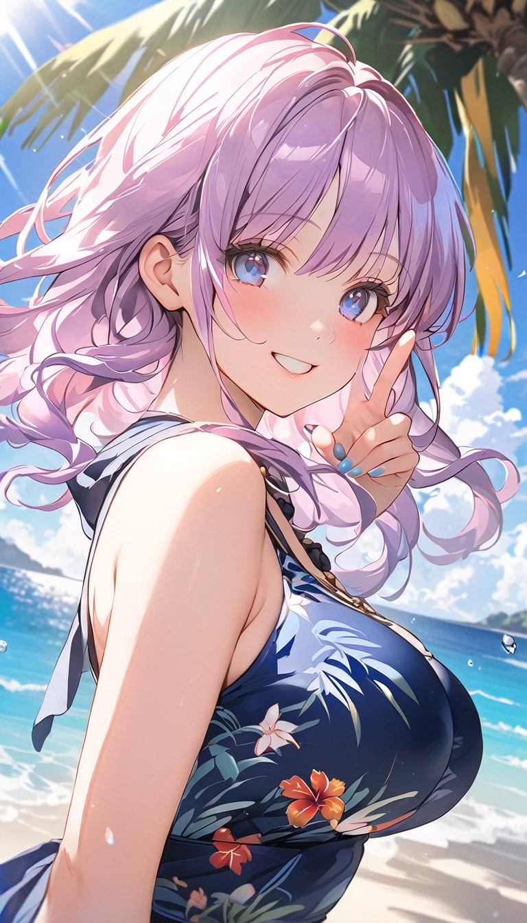 (masterpiece, highest_quality), very be familiar with cg unity 8k wallpaper, wonderful_Are you okay_figure, BREAK 1girl, long white hair, big breasts, (shy smile), blue eyes, anime style 4k, beautiful anime portrait, anime moe art style, anime art wallpaper 4k, High quality anime art style, anime style portrait, be familiar with digital anime art, anime art wallpaper 8k, cute anime girl portrait, Hawaii background, blue sea, palm trees, sunlight, whole body, BREAK depth of field, perfect hands, nice fingers, 5_finger, 4_finger,1_thumb,