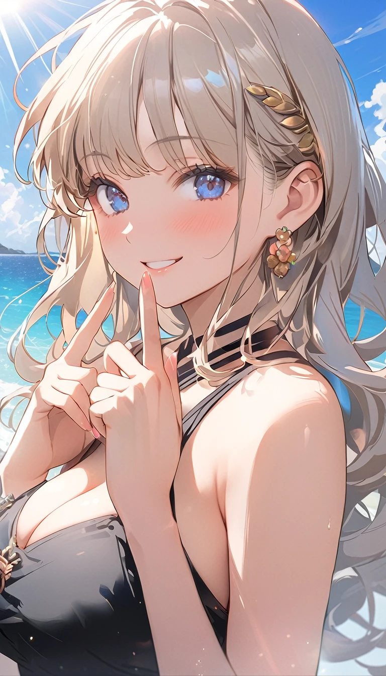 (masterpiece, highest_quality), very be familiar with cg unity 8k wallpaper, wonderful_Are you okay_figure, BREAK 1girl, long white hair, big breasts, (shy smile), blue eyes, anime style 4k, beautiful anime portrait, anime moe art style, anime art wallpaper 4k, High quality anime art style, anime style portrait, be familiar with digital anime art, anime art wallpaper 8k, cute anime girl portrait, Hawaii background, blue sea, palm trees, sunlight, whole body, BREAK depth of field, perfect hands, nice fingers, 5_finger, 4_finger,1_thumb,