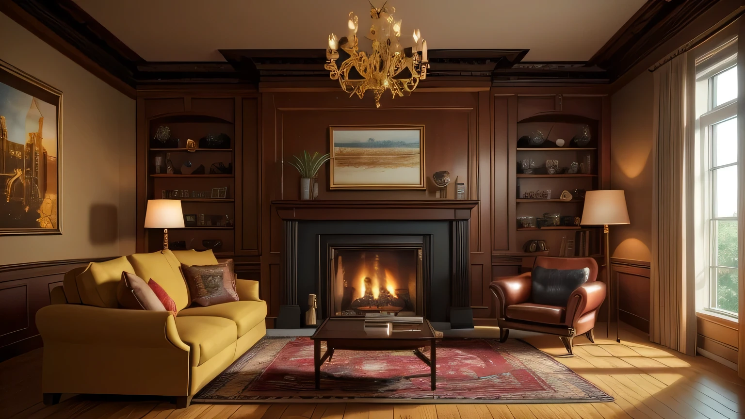 There is a living room with a fireplace and sofa., Warm living room, A luxurious study with warm lighting, Cozy living room background, Photorealistic Room, realistic cinema 4 d render, Warm interior, Photorealistic cinematic rendering, Dramatic lighting rendering, Cozy home background, beautifully detailed render, 8K Rendered with Unreal Engine, Cozy living room interior, Unreal Engine realistic rendering 