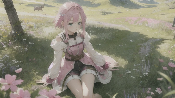 beautiful girl　Pink Hair　Fantasy　grassland　Adventurer　cute