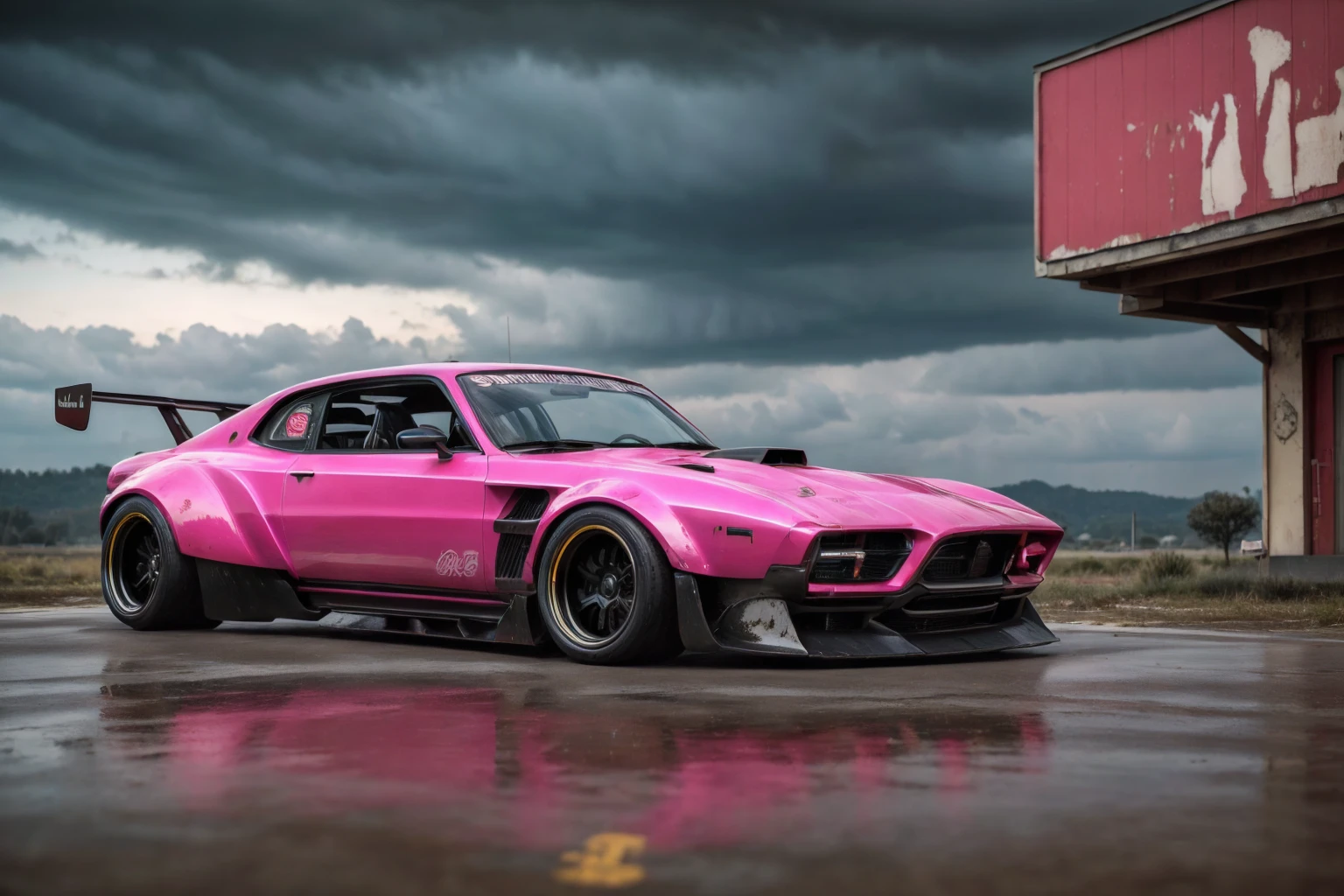 Supercar-forza game ready design, wide body, custom design build, cinematic, wide angle, studio light, tactical bodywork for supreme aerodynamics, (dirt neon grungy pink), broody and atmospheric, ominous sky, low light, vivid and gritty, retro futuristic sci-fi influences 