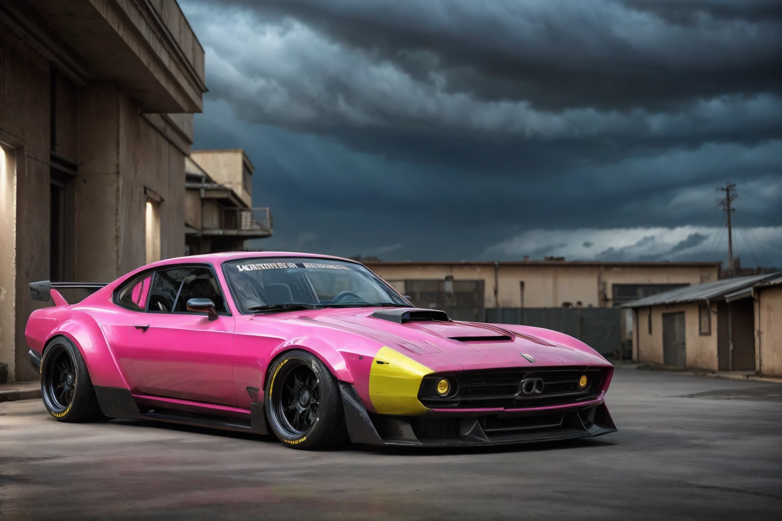 Supercar-forza game ready design, wide body, custom design build, cinematic, wide angle, studio light, tactical bodywork for supreme aerodynamics, (dirt neon grungy pink), broody and atmospheric, ominous sky, low light, vivid and gritty, retro futuristic sci-fi influences 