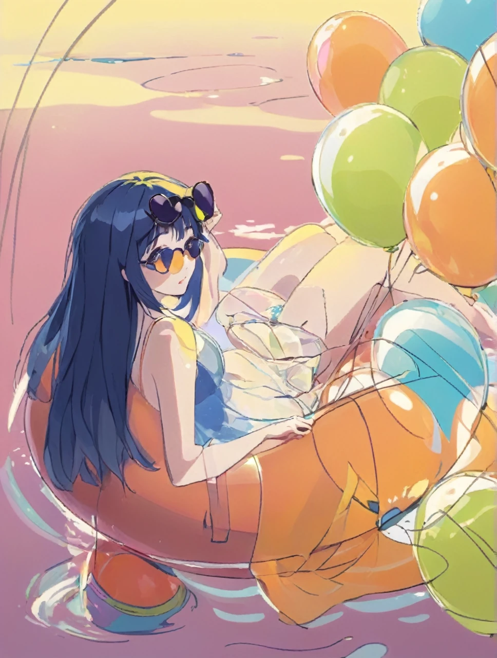 A girl with long dark blue hair sits on an inflatable swimming ring on the water, surrounded by colorful balloons, holding sunglasses in her hands. The style is anime cel style with rich colors 