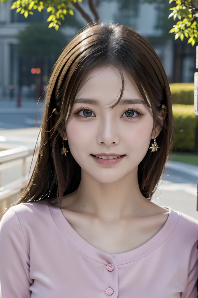 8K, Highest quality, masterpiece, Ultra-high resolution, (realism: 1.4), Original photo, (Realistic skin texture: 1.3), (Film Grain: 1.3), (Selfie angle), 1 Girl, Pink clothes, Sapphire eyes and beautiful facial details, masterpiece, Highest quality, close, Upper Body