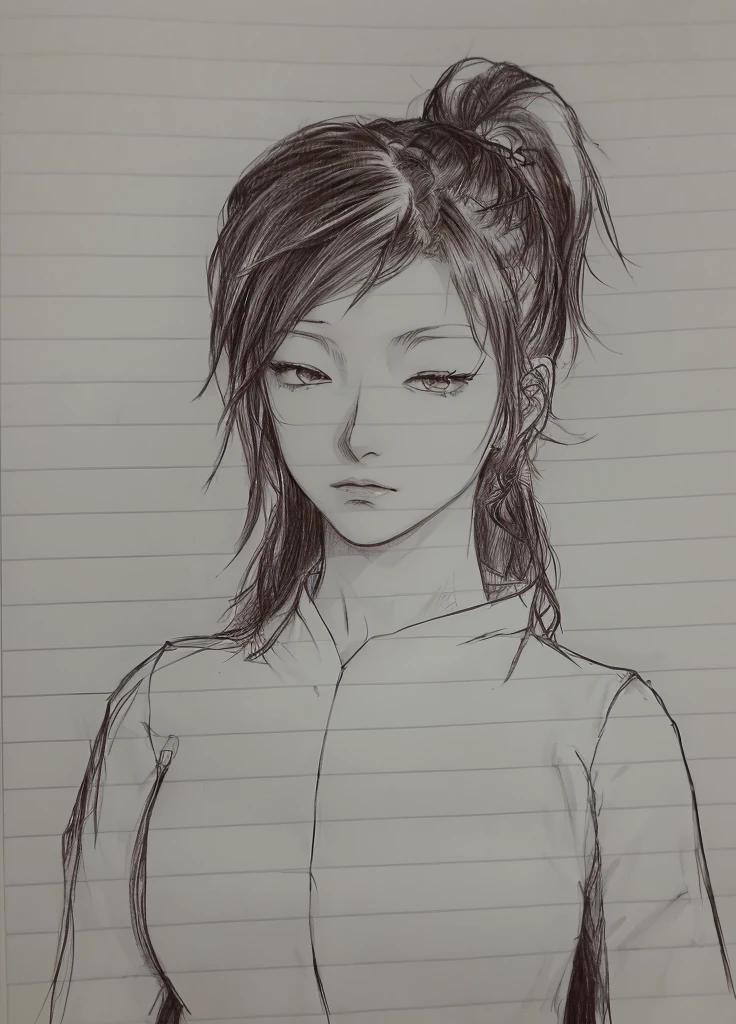 a woman with a ponytail and a shirt on, subtle anime style, with out shading, inspired by Ayami Kojima, anime style character, portrait of an anime girl, as an anime character, old sketch, girl sketch, an anime girl, inspired by Rei Kamoi, scribble sketch