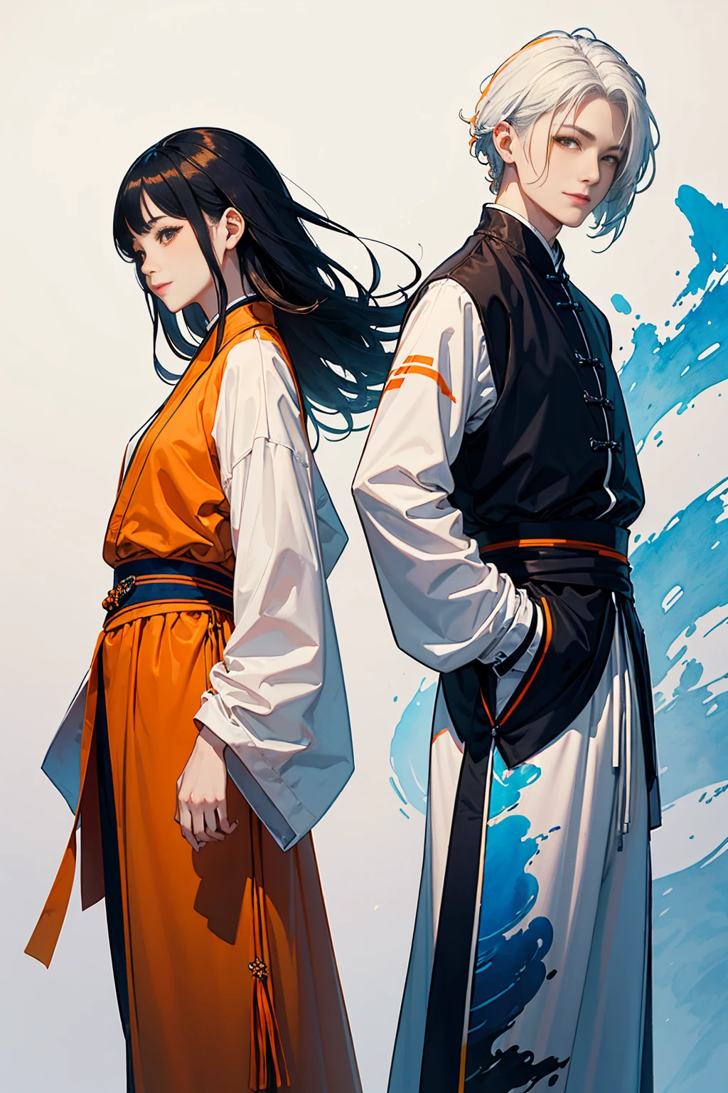 high quality , one white hair girl and one white hair boy, long hair, wuxia character, ((white clothes with blue and orange accent)), ink painting background, flat background, minimalist background, chinese wind pattern background, smiling, standing back to back