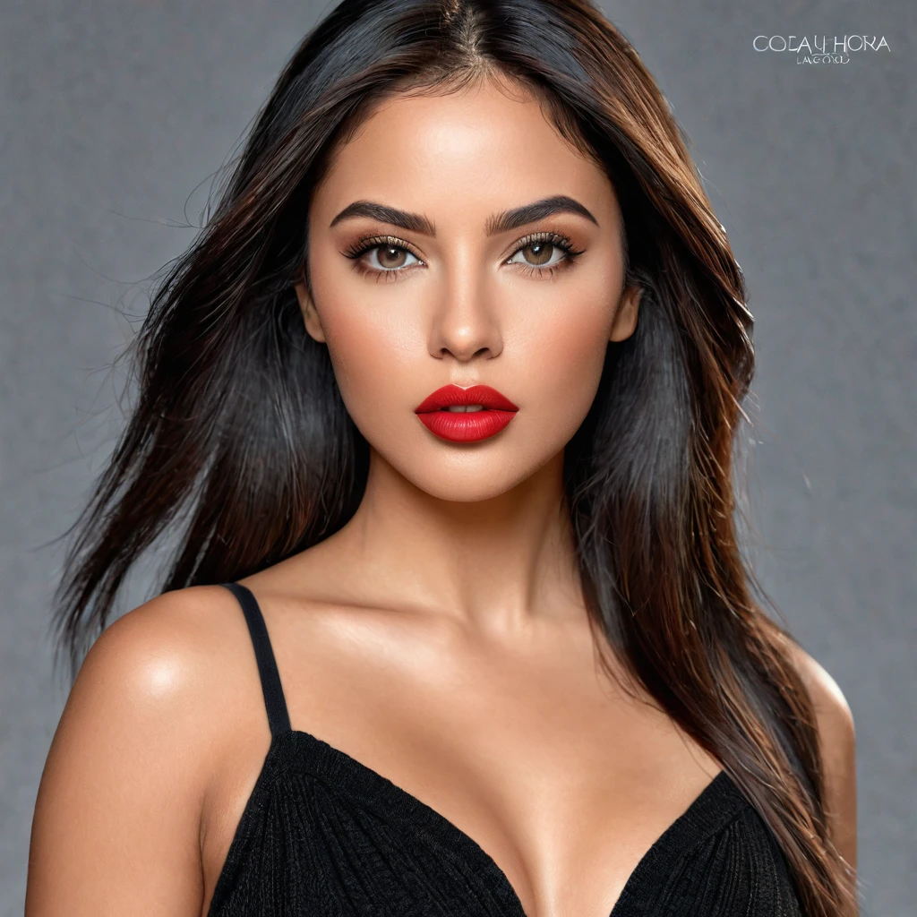A photoreal close up of a stunning 28-year-old Latina model showcases her oval face, straight black hair, and striking grey eyes. Her beautiful lips with red lipstick accentuate her wheatish skin with light brown tone highlights. Dressed in a chic black top, the image should be full body shot, 8k hdr, high detailed, and focused on capturing her mesmerizing beauty, day lighting.