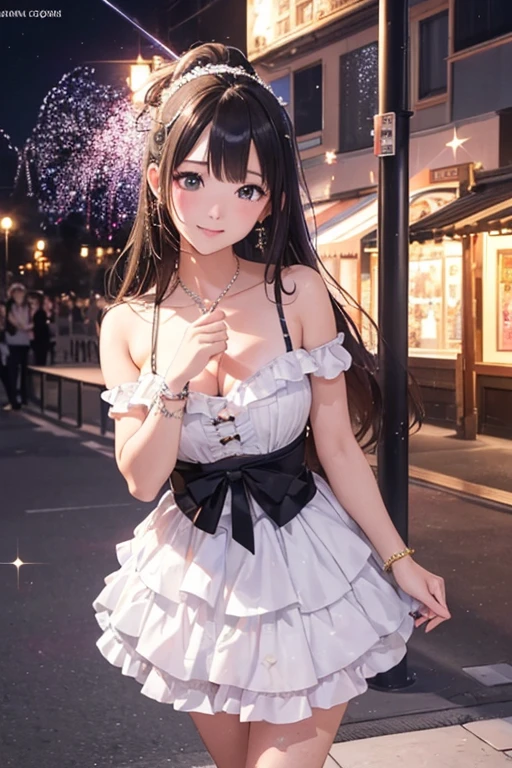 8K, (RAW Photos:1.2), (Photorealistic), Beautiful details, Famous popular idol、 (Genuine: 1.4), Very detailed目と顔, Beautiful and fine details, ((Glittering night illuminations at the square:1.2)), ((Women&#39;s Suits:1.3, Ultra-realistic pantyhose:1.2))、Selfie、Instagram、A tough challenge、Large file size, High resolution, Very detailed, Highest quality, [masterpiece:1.6], Awareness-raising, Very detailed, Browsing Caution, In detail, Highest quality, 8K壁紙, Cinema Lighting, Two Mature Women, 19 years old, Perfect body, Beautiful big droopy eyes, ((Tabletop)), Highest quality, eye shadow,  High heels、Portraiture、(A very loving smile:1.2)、Realistic skin texture、Glowing Skin、Exposed thighs, Low angle photo, Full Body Shot,