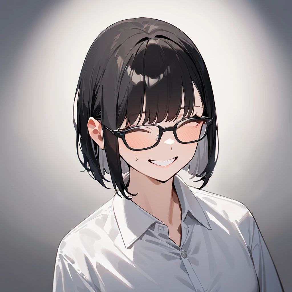 masterpiece, Highest quality, so beautiful, Absurd,
One girl, alone, Black Hair, Bobcut,
Thermont 16A, Glasses,
Collared shirt, Happy, smile, View your viewers, Glassesの調整, White Background, Simple Background,