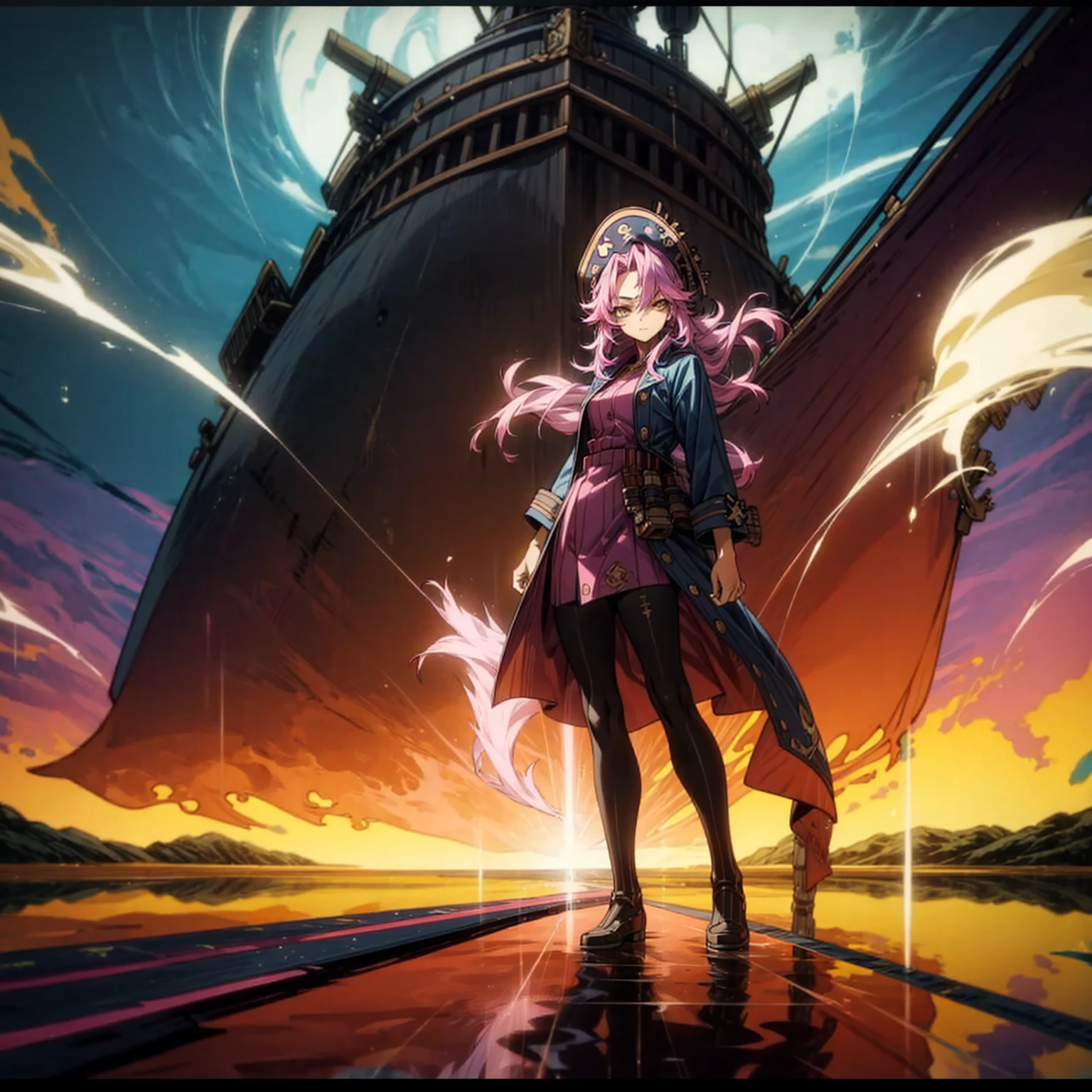 1girl, Full body version, 1character, adult girl version, gold eyes color, long haircut, pink colour hair, queen style clothing, blue colour clothing, pirate hat, sword in hand, Grassroots, background in Pirate Ship, motion blur, (Hunter x Hunter style), standing gesture, (low angle view) , aura effect, lighting aura, smoke effect, lighting sun, sun, plasma effect, 