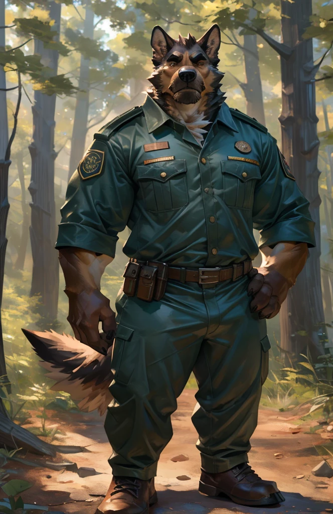 By Taran Fiddler, one man, anthro canine (irish wolfhound), hound dog breed, brown fur, dilf, wrinkly face, bushy eyebrows, wearing park ranger uniform, hands to his hips, stern facial expression, grumpy, standing infront of watchtower, wooded forest background