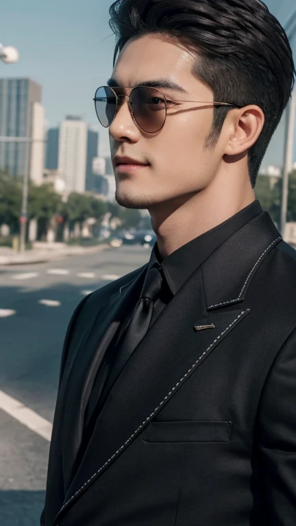 (Men)), (head shot), (front view), (half body view), (Handsome muscular man in his 30s wearing black pilot sunglasses, and luxury black suit), zi wang (Prince chiu), Mischievous smile, (detail: 1 in 1), Natural muscles, HIG quality, beautiful eyes, (Detailed face and eyes), (Face、: 1 / 2), fresh lips, Noise, Real Photographics, ... ...................................................................................................PSD, Sharp Focus, High resolution (8K), realistic & Professional Photography, 8K UHD, Soft lighting, High quality, Film grain, FujifilmXT3