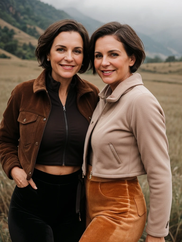 1 girl, photorealistic, realistic, her name is Elise, middle age, a 45-year-old woman with gray hair, body of 45-year-old woman, wrinkles on her face and body, Alpine woman, ((dark brown hair, short hair))), smiling,(((dynamic pose))), nudity, (((The quiet mountains are shrouded in a sea of mist.,Stunning sunrise casting warm hues,Beautiful flowers bloomed in front of us.,The atmosphere is dreamy and peaceful.,Beautiful landscape of Thailand,Harmony between nature and humanity))), (((she choose a cropped corduroy jacket is tailored with a slightly boxy silhouette, featuring a plush texture and a rich color like brown. Its cropped length accentuates the waistline and adds structure to the ensemble. There is no top beneath the jacket, she paired it with color black high-waisted cycling shorts in a sleek, stretchy fabric that conforms to her figure))), (((but out)))