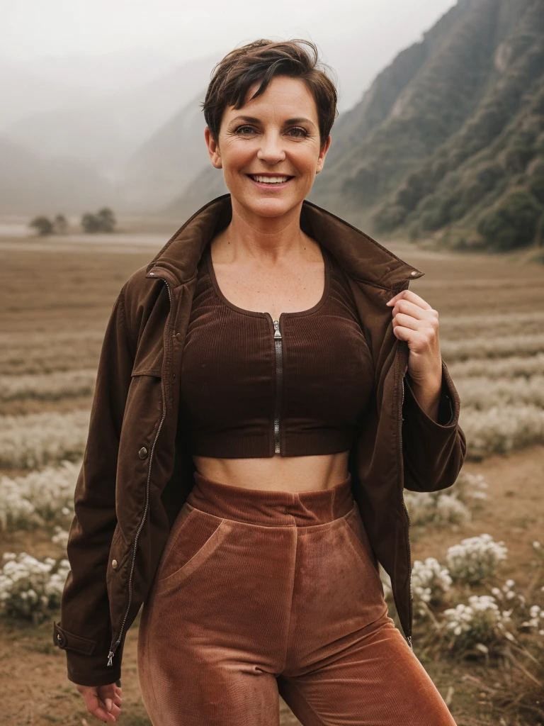 1 girl, photorealistic, realistic, her name is Elise, middle age, a 45-year-old woman with gray hair, body of 45-year-old woman, wrinkles on her face and body, Alpine woman, ((dark brown hair, short hair))), smiling,(((dynamic pose))), nudity, (((The quiet mountains are shrouded in a sea of mist.,Stunning sunrise casting warm hues,Beautiful flowers bloomed in front of us.,The atmosphere is dreamy and peaceful.,Beautiful landscape of Thailand,Harmony between nature and humanity))), (((she choose a cropped corduroy jacket is tailored with a slightly boxy silhouette, featuring a plush texture and a rich color like brown. Its cropped length accentuates the waistline and adds structure to the ensemble. There is no top beneath the jacket, she paired it with color black high-waisted cycling shorts in a sleek, stretchy fabric that conforms to her figure))), (((but out)))