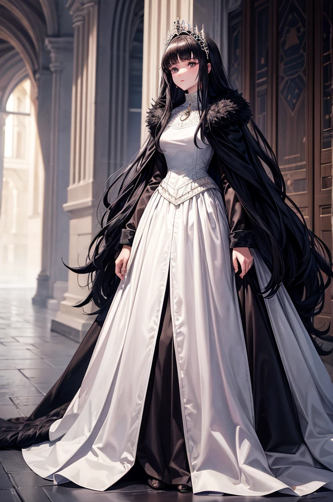 Medieval dress, Super voluminous skirt, Round Princess Skirt, High throat, Cover the body from neck to toe, Covered neck, Wearing a long black fur jacket, white, translucent, A soft dress, 