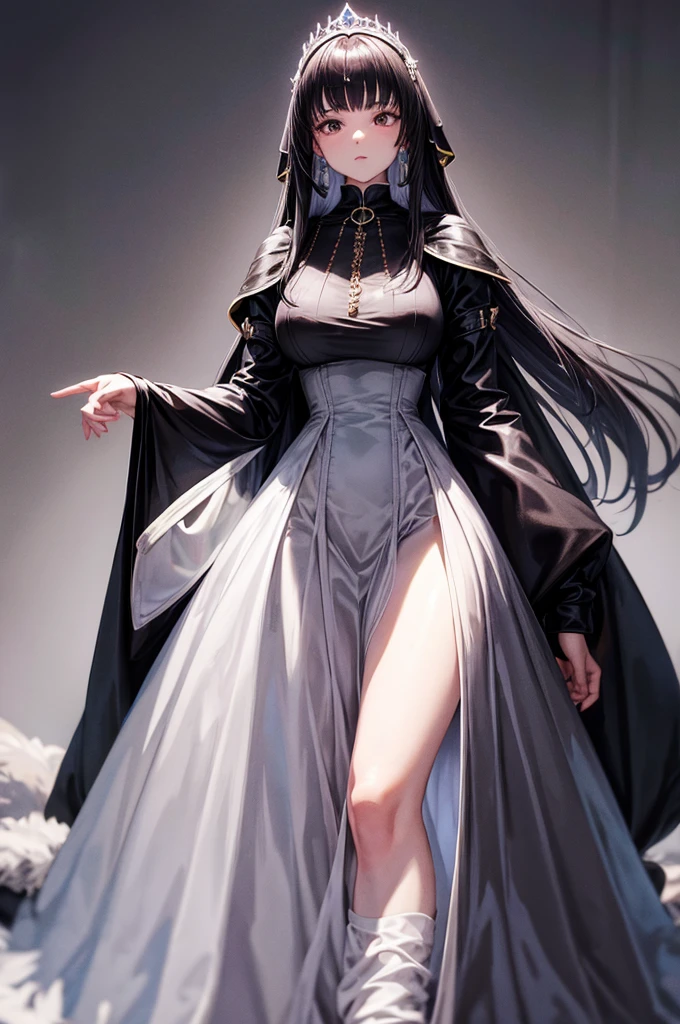 Medieval dress, Super voluminous skirt, Round Princess Skirt, High throat, Cover the body from neck to toe, Covered neck, Wearing a long black fur jacket, white, translucent, A soft dress,